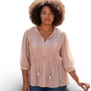 Daniel Rainn DR2 Pink/Blush Swiss Dot Boho Blouse embroidered tasseled 2X EUC